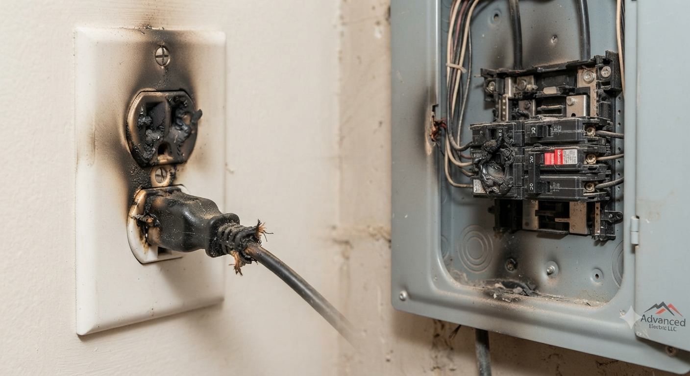 Warning signs of electrical fire risk including scorch marks on an outlet and a breaker panel with burn marks.
