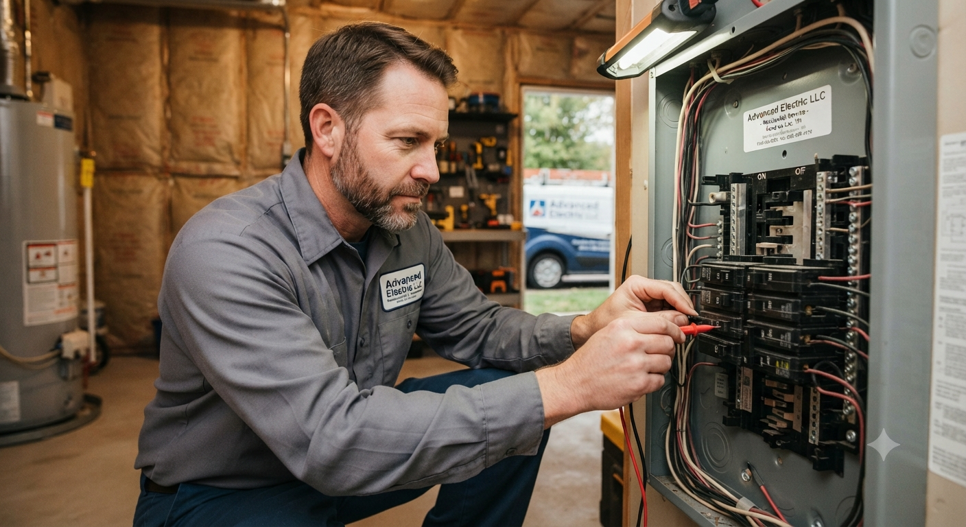 Close up of a residential electrical panel in Fond du Lac Wisconsin with a licensed electrician inspecting tripped circuit breakers.