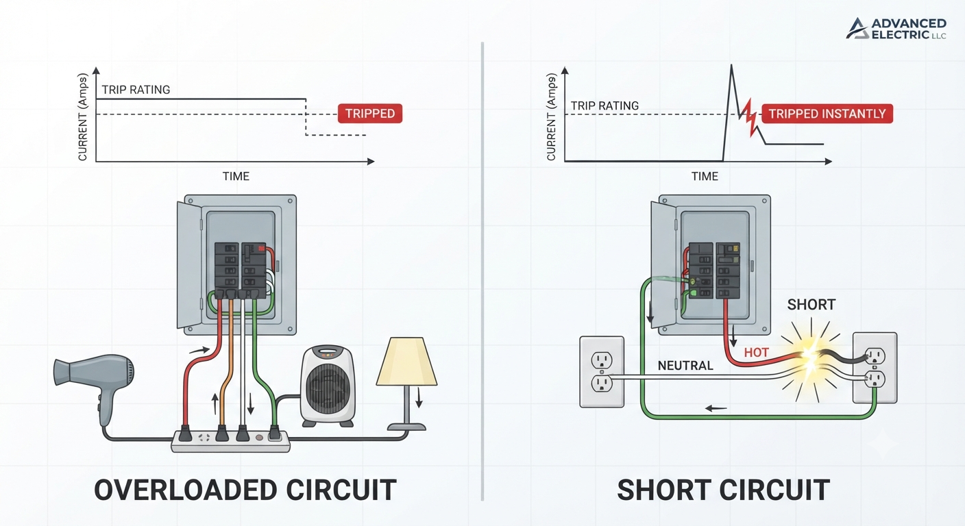 Diagram showing the difference between an overloaded circuit and a short circuit in a residential electrical system.