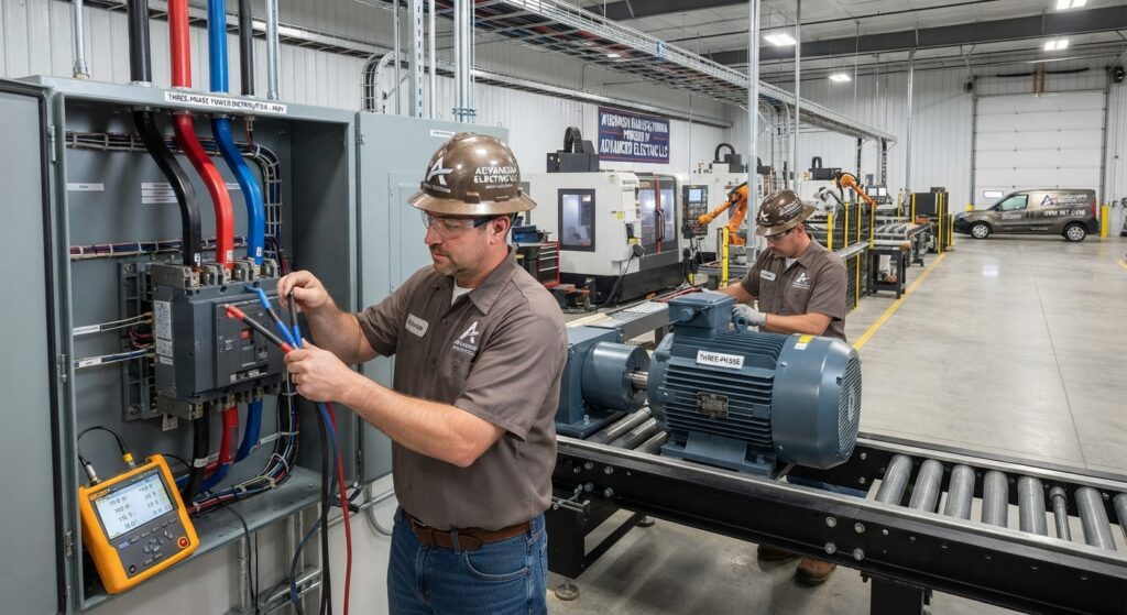 Electrician testing a three phase industrial panel in a Wisconsin manufacturing plant