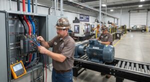 Electrician testing a three phase industrial panel in a Wisconsin manufacturing plant